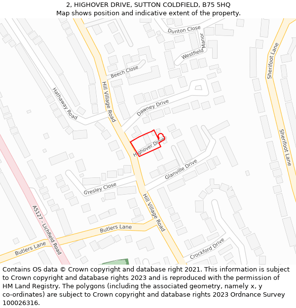 2, HIGHOVER DRIVE, SUTTON COLDFIELD, B75 5HQ: Location map and indicative extent of plot