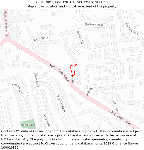 2, HILLSIDE, ECCLESHALL, STAFFORD, ST21 6JZ: Location map and indicative extent of plot