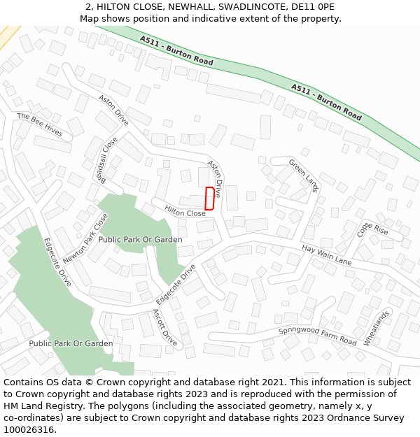 2, HILTON CLOSE, NEWHALL, SWADLINCOTE, DE11 0PE: Location map and indicative extent of plot