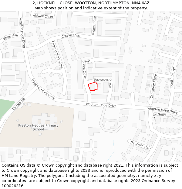 2, HOCKNELL CLOSE, WOOTTON, NORTHAMPTON, NN4 6AZ: Location map and indicative extent of plot