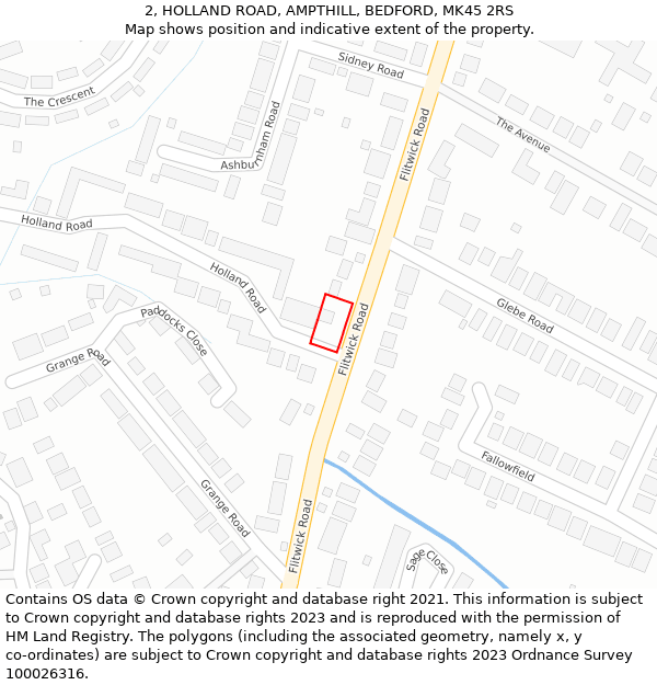 2, HOLLAND ROAD, AMPTHILL, BEDFORD, MK45 2RS: Location map and indicative extent of plot