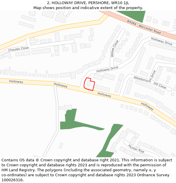 2, HOLLOWAY DRIVE, PERSHORE, WR10 1JL: Location map and indicative extent of plot