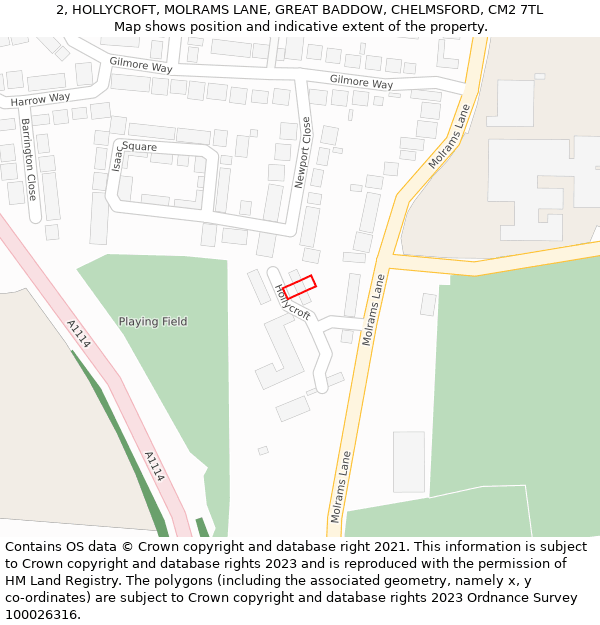 2, HOLLYCROFT, MOLRAMS LANE, GREAT BADDOW, CHELMSFORD, CM2 7TL: Location map and indicative extent of plot