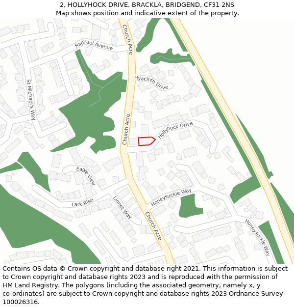 2, HOLLYHOCK DRIVE, BRACKLA, BRIDGEND, CF31 2NS: Location map and indicative extent of plot