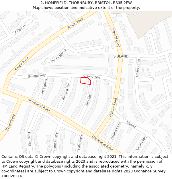 2, HOMEFIELD, THORNBURY, BRISTOL, BS35 2EW: Location map and indicative extent of plot