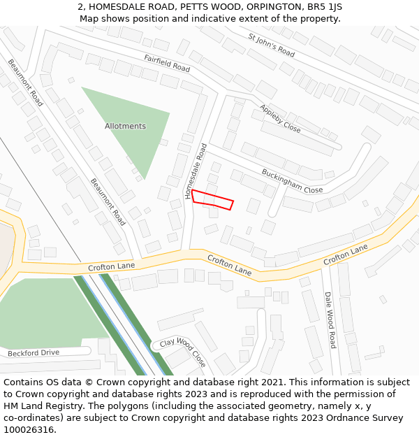 2, HOMESDALE ROAD, PETTS WOOD, ORPINGTON, BR5 1JS: Location map and indicative extent of plot