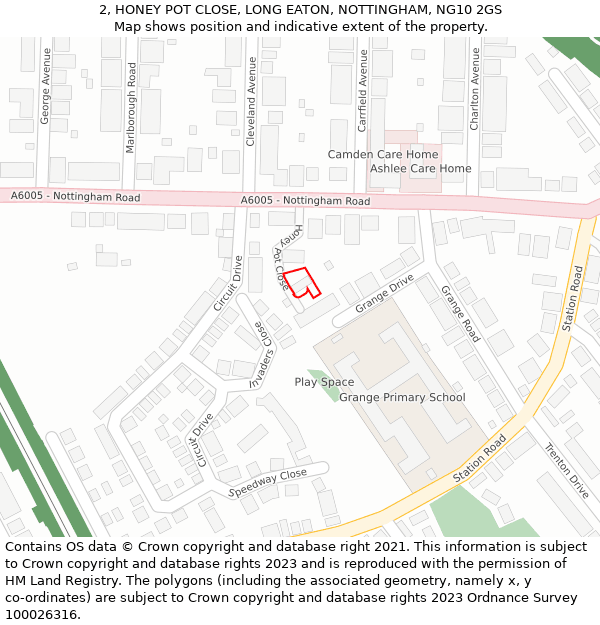 2, HONEY POT CLOSE, LONG EATON, NOTTINGHAM, NG10 2GS: Location map and indicative extent of plot