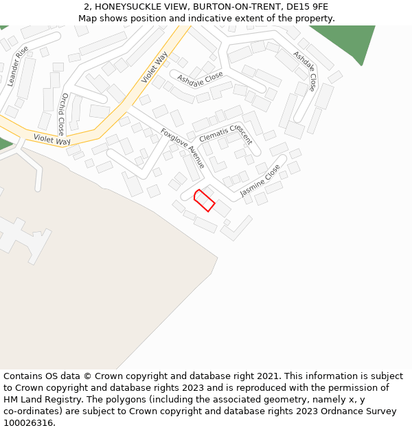 2, HONEYSUCKLE VIEW, BURTON-ON-TRENT, DE15 9FE: Location map and indicative extent of plot