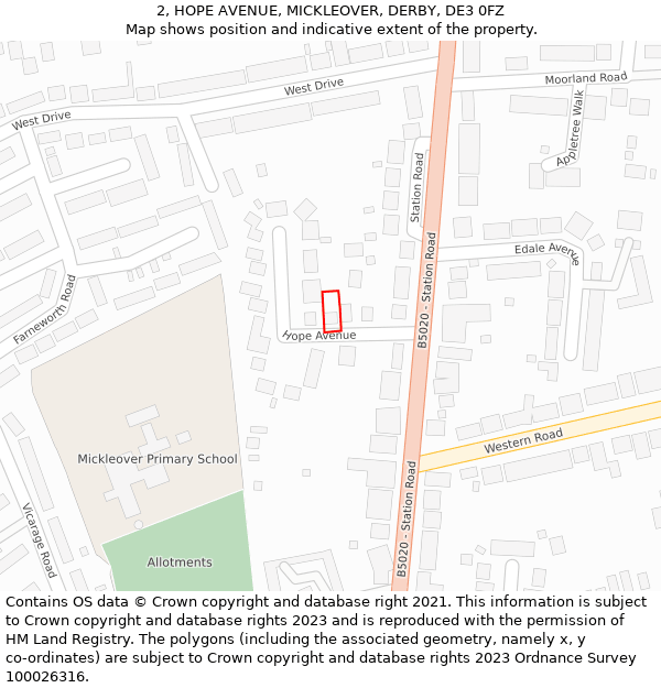 2, HOPE AVENUE, MICKLEOVER, DERBY, DE3 0FZ: Location map and indicative extent of plot
