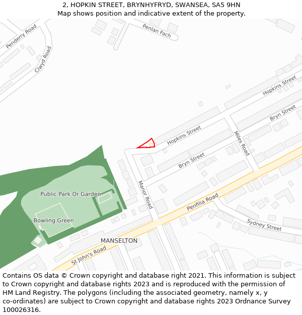 2, HOPKIN STREET, BRYNHYFRYD, SWANSEA, SA5 9HN: Location map and indicative extent of plot