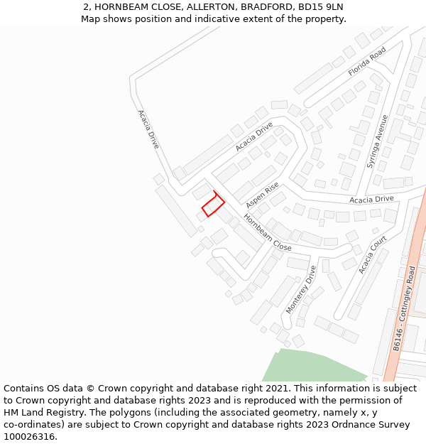 2, HORNBEAM CLOSE, ALLERTON, BRADFORD, BD15 9LN: Location map and indicative extent of plot