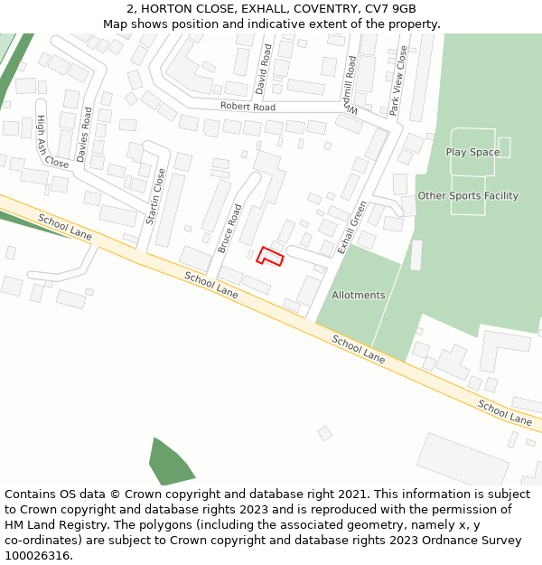 2, HORTON CLOSE, EXHALL, COVENTRY, CV7 9GB: Location map and indicative extent of plot