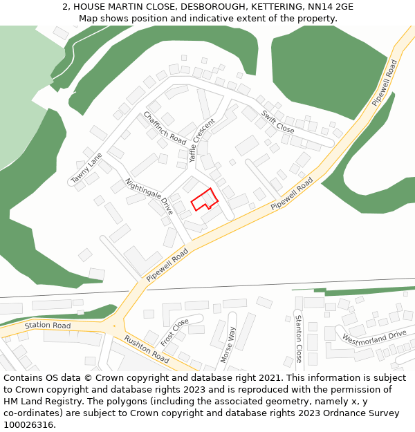 2, HOUSE MARTIN CLOSE, DESBOROUGH, KETTERING, NN14 2GE: Location map and indicative extent of plot