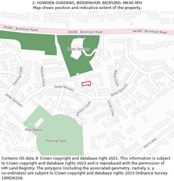 2, HOWDEN GARDENS, BIDDENHAM, BEDFORD, MK40 4PH: Location map and indicative extent of plot