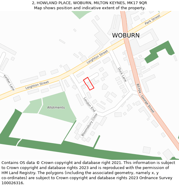 2, HOWLAND PLACE, WOBURN, MILTON KEYNES, MK17 9QR: Location map and indicative extent of plot
