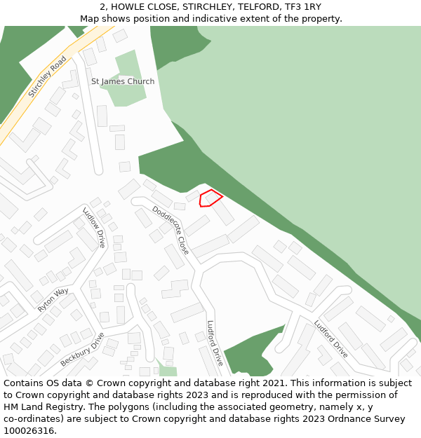 2, HOWLE CLOSE, STIRCHLEY, TELFORD, TF3 1RY: Location map and indicative extent of plot