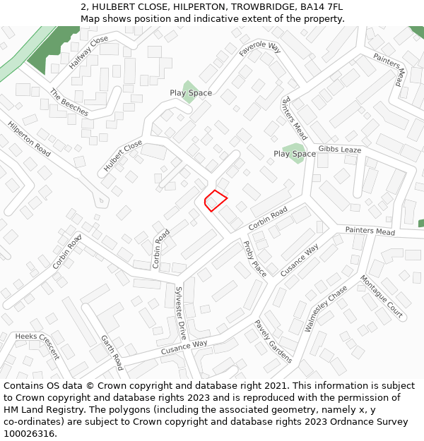 2, HULBERT CLOSE, HILPERTON, TROWBRIDGE, BA14 7FL: Location map and indicative extent of plot