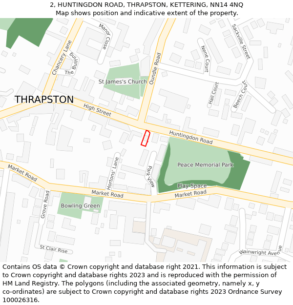 2, HUNTINGDON ROAD, THRAPSTON, KETTERING, NN14 4NQ: Location map and indicative extent of plot