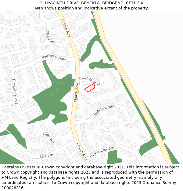 2, HYACINTH DRIVE, BRACKLA, BRIDGEND, CF31 2JX: Location map and indicative extent of plot