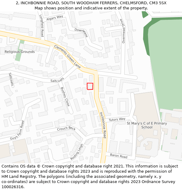 2, INCHBONNIE ROAD, SOUTH WOODHAM FERRERS, CHELMSFORD, CM3 5SX: Location map and indicative extent of plot