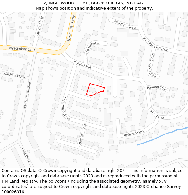 2, INGLEWOOD CLOSE, BOGNOR REGIS, PO21 4LA: Location map and indicative extent of plot