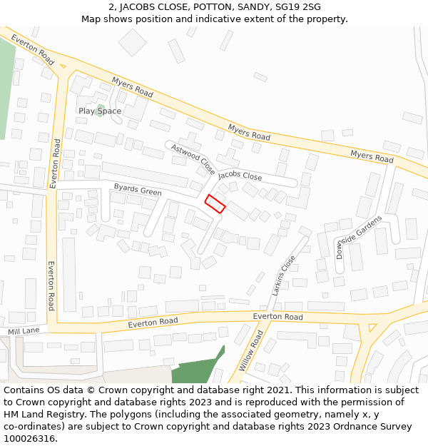 2, JACOBS CLOSE, POTTON, SANDY, SG19 2SG: Location map and indicative extent of plot