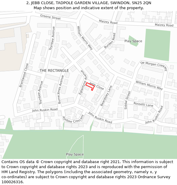 2, JEBB CLOSE, TADPOLE GARDEN VILLAGE, SWINDON, SN25 2QN: Location map and indicative extent of plot