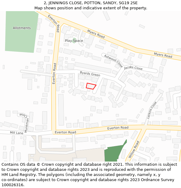 2, JENNINGS CLOSE, POTTON, SANDY, SG19 2SE: Location map and indicative extent of plot