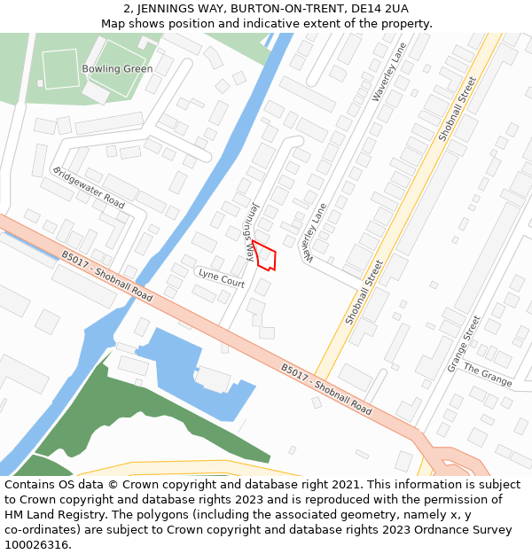 2, JENNINGS WAY, BURTON-ON-TRENT, DE14 2UA: Location map and indicative extent of plot
