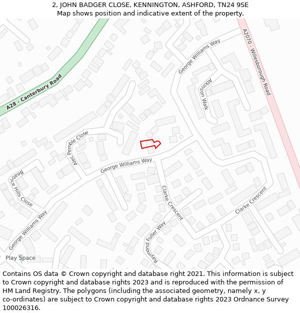 2, JOHN BADGER CLOSE, KENNINGTON, ASHFORD, TN24 9SE: Location map and indicative extent of plot