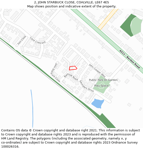 2, JOHN STARBUCK CLOSE, COALVILLE, LE67 4ES: Location map and indicative extent of plot