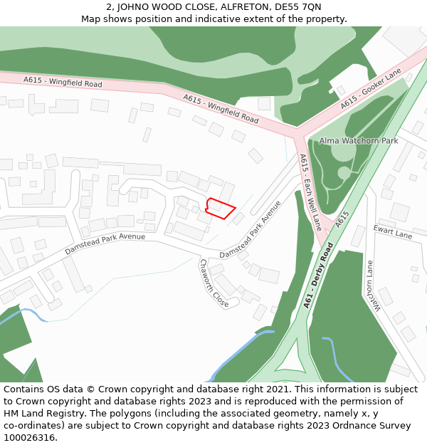 2, JOHNO WOOD CLOSE, ALFRETON, DE55 7QN: Location map and indicative extent of plot