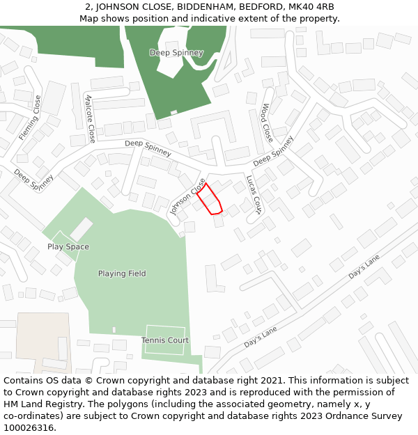 2, JOHNSON CLOSE, BIDDENHAM, BEDFORD, MK40 4RB: Location map and indicative extent of plot