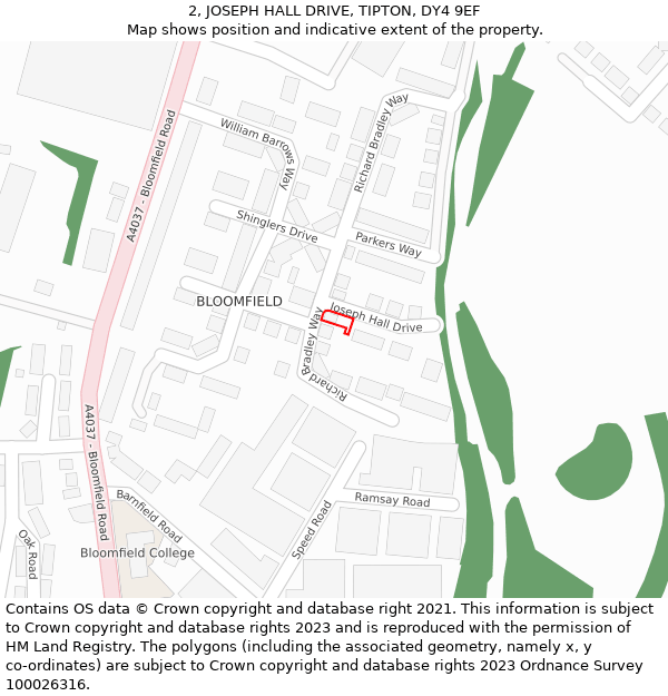 2, JOSEPH HALL DRIVE, TIPTON, DY4 9EF: Location map and indicative extent of plot