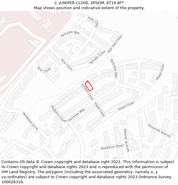 2, JUNIPER CLOSE, EPSOM, KT19 8FT: Location map and indicative extent of plot