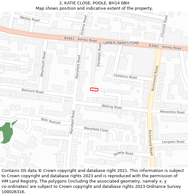 2, KATIE CLOSE, POOLE, BH14 0BH: Location map and indicative extent of plot