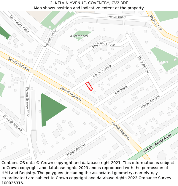 2, KELVIN AVENUE, COVENTRY, CV2 3DE: Location map and indicative extent of plot