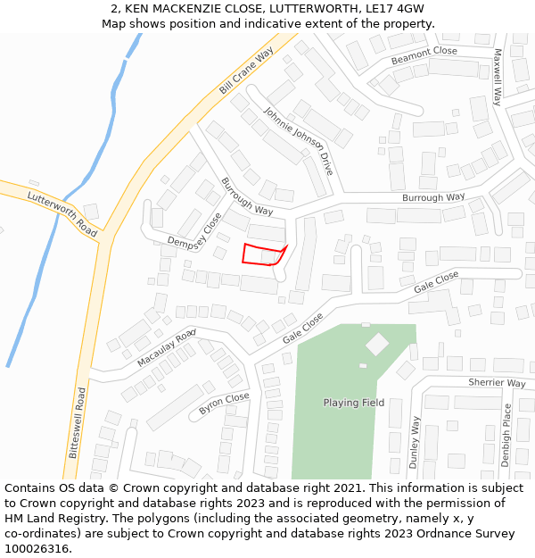 2, KEN MACKENZIE CLOSE, LUTTERWORTH, LE17 4GW: Location map and indicative extent of plot