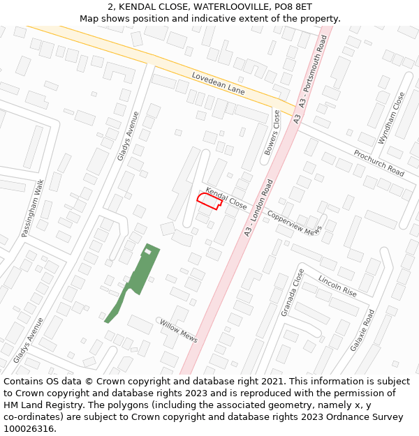 2, KENDAL CLOSE, WATERLOOVILLE, PO8 8ET: Location map and indicative extent of plot