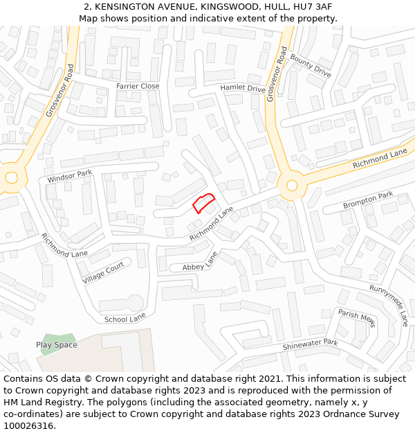 2, KENSINGTON AVENUE, KINGSWOOD, HULL, HU7 3AF: Location map and indicative extent of plot