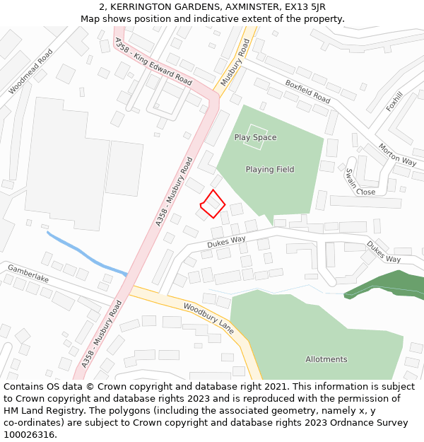 2, KERRINGTON GARDENS, AXMINSTER, EX13 5JR: Location map and indicative extent of plot