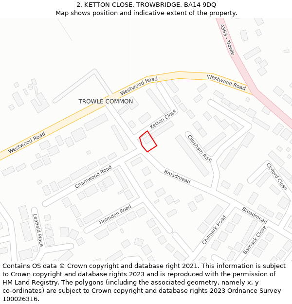 2, KETTON CLOSE, TROWBRIDGE, BA14 9DQ: Location map and indicative extent of plot