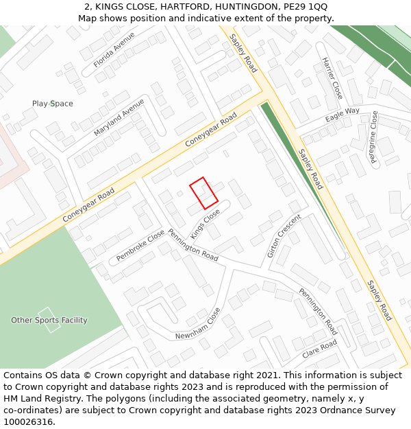 2, KINGS CLOSE, HARTFORD, HUNTINGDON, PE29 1QQ: Location map and indicative extent of plot