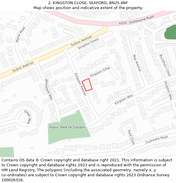 2, KINGSTON CLOSE, SEAFORD, BN25 4NF: Location map and indicative extent of plot