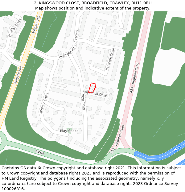 2, KINGSWOOD CLOSE, BROADFIELD, CRAWLEY, RH11 9RU: Location map and indicative extent of plot