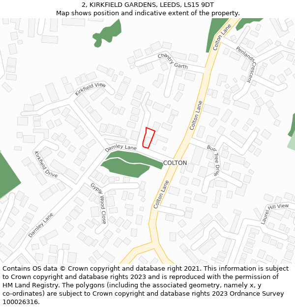 2, KIRKFIELD GARDENS, LEEDS, LS15 9DT: Location map and indicative extent of plot