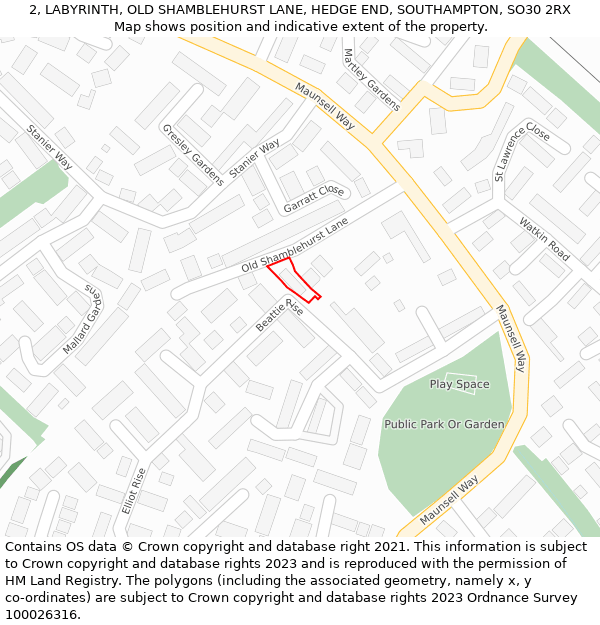 2, LABYRINTH, OLD SHAMBLEHURST LANE, HEDGE END, SOUTHAMPTON, SO30 2RX: Location map and indicative extent of plot