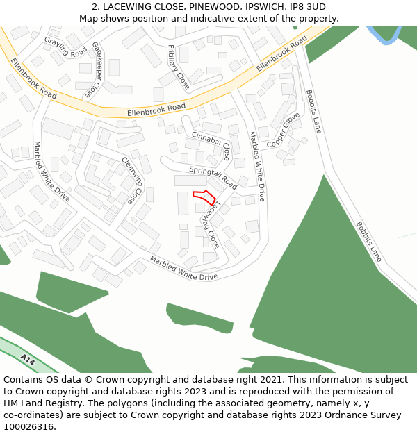 2, LACEWING CLOSE, PINEWOOD, IPSWICH, IP8 3UD: Location map and indicative extent of plot
