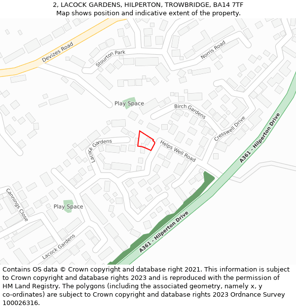 2, LACOCK GARDENS, HILPERTON, TROWBRIDGE, BA14 7TF: Location map and indicative extent of plot