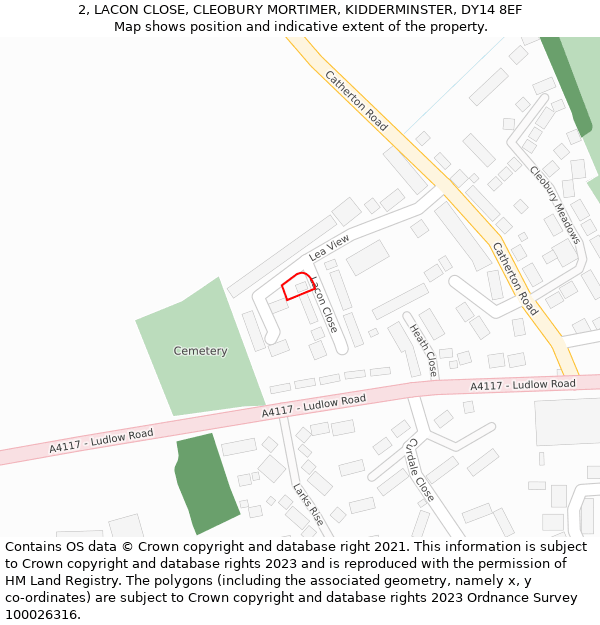 2, LACON CLOSE, CLEOBURY MORTIMER, KIDDERMINSTER, DY14 8EF: Location map and indicative extent of plot